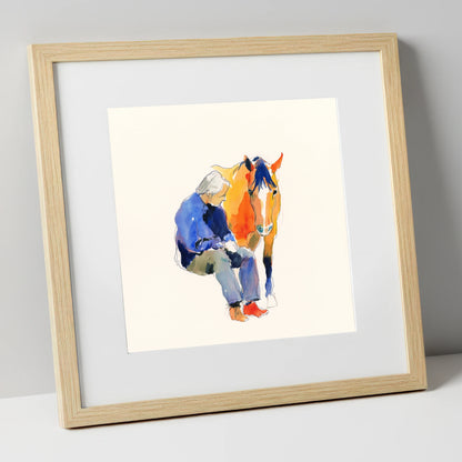 Shared Silence horse & rider art print in natural frame
