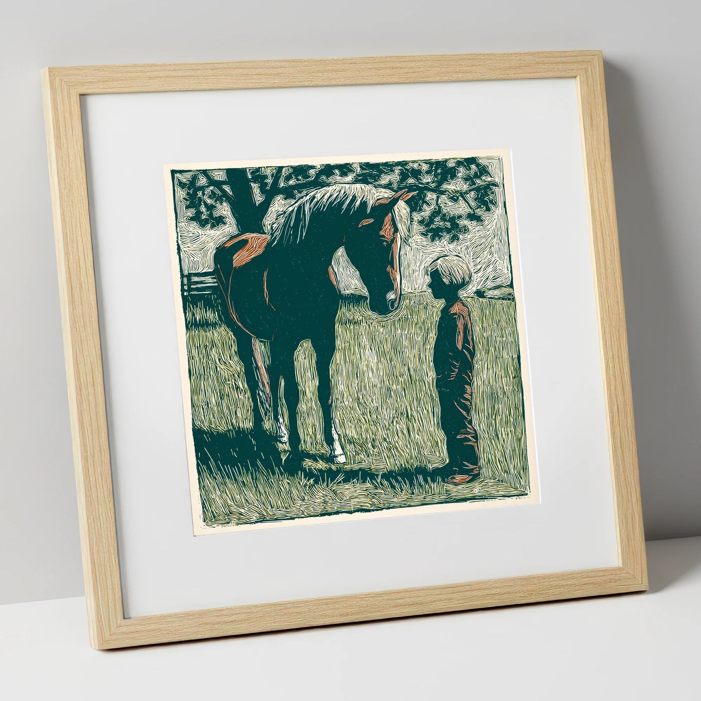 Kindred Spirits horse & rider art print in natural frame