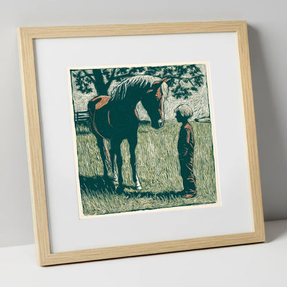 Kindred Spirits horse & rider art print in natural frame