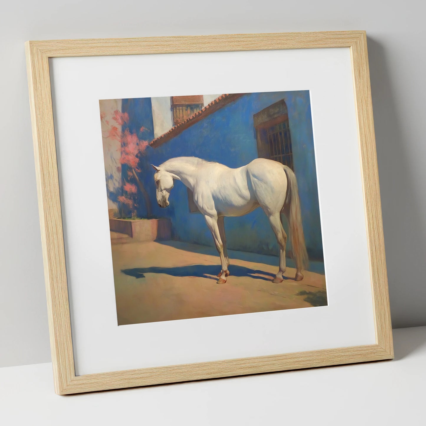 Andalusian in Azure horse breed art print in natural frame