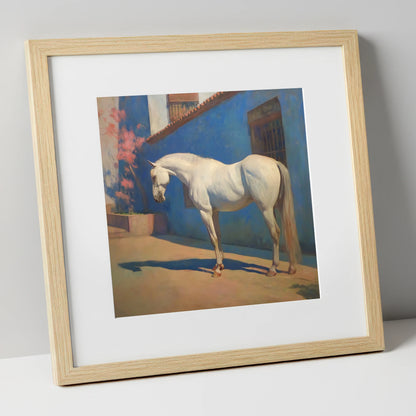 Andalusian in Azure horse breed art print in natural frame