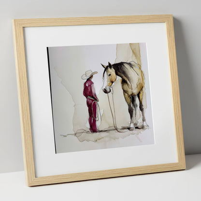 A Quiet Understanding western horse art print in natural frame