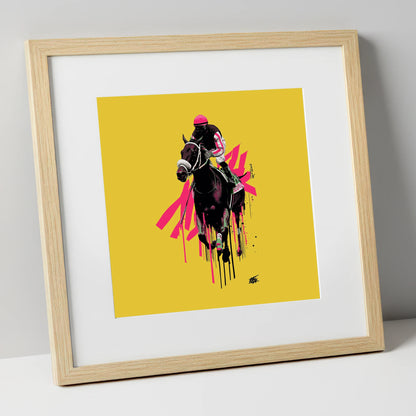 Neon Gallop racing horse art print in natural frame