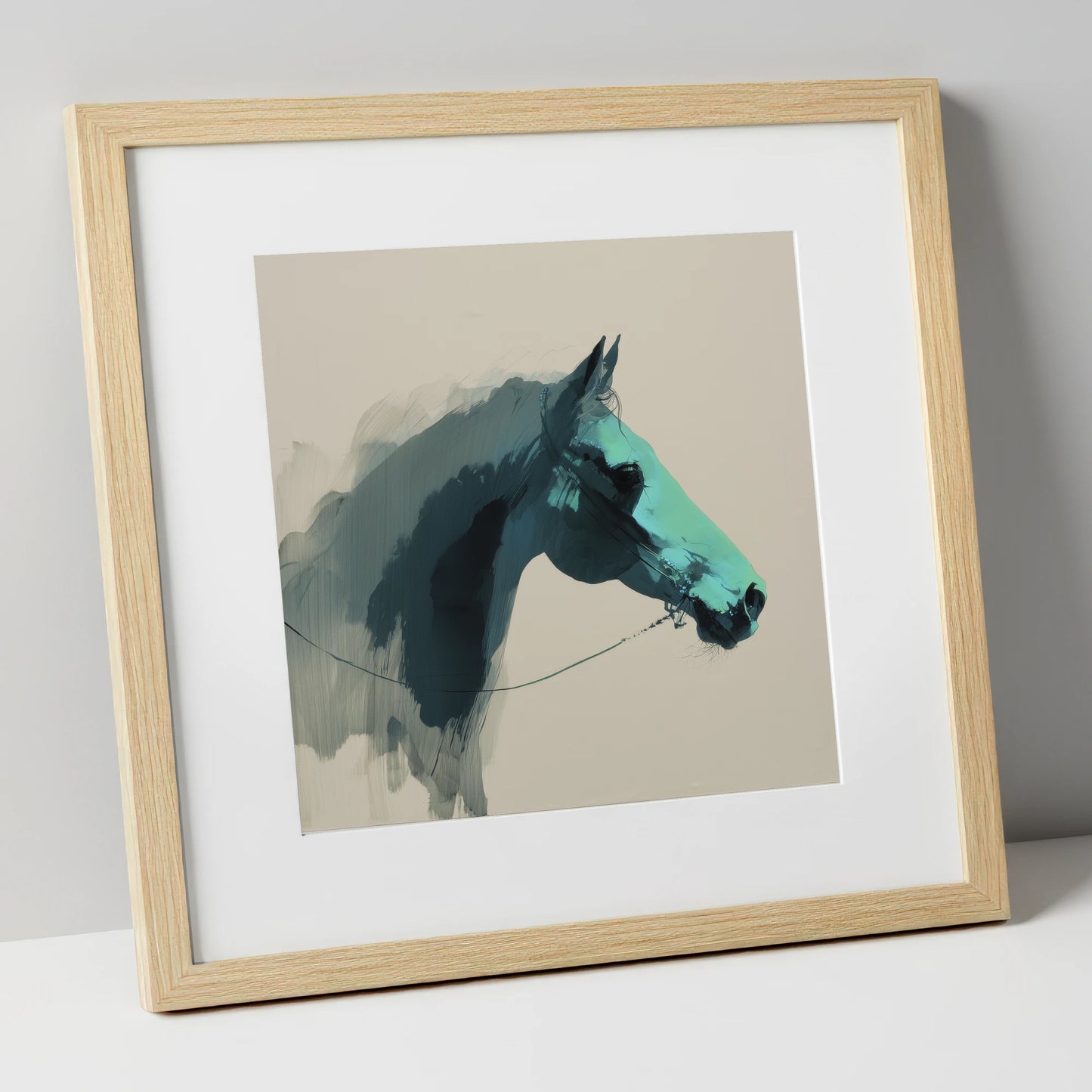 Teal Shadow Profile horse portrait art print in natural frame