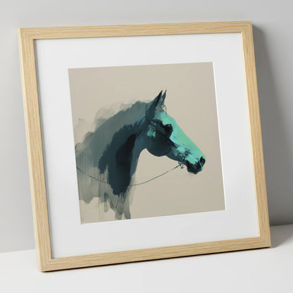 Teal Shadow Profile horse portrait art print in natural frame