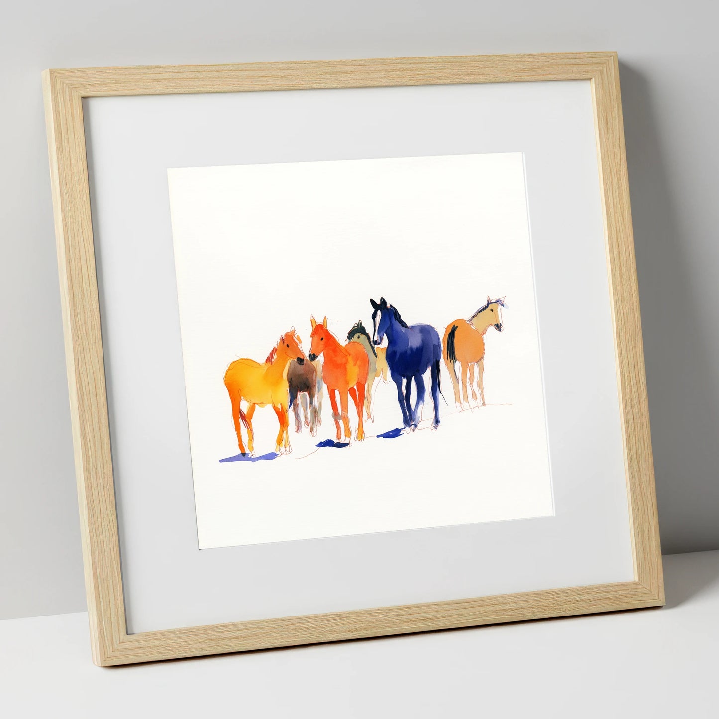 Vibrant Herd horse landscape art print in natural frame