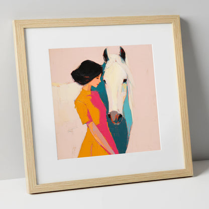 Vibrant Harmony horse & rider art print in natural frame