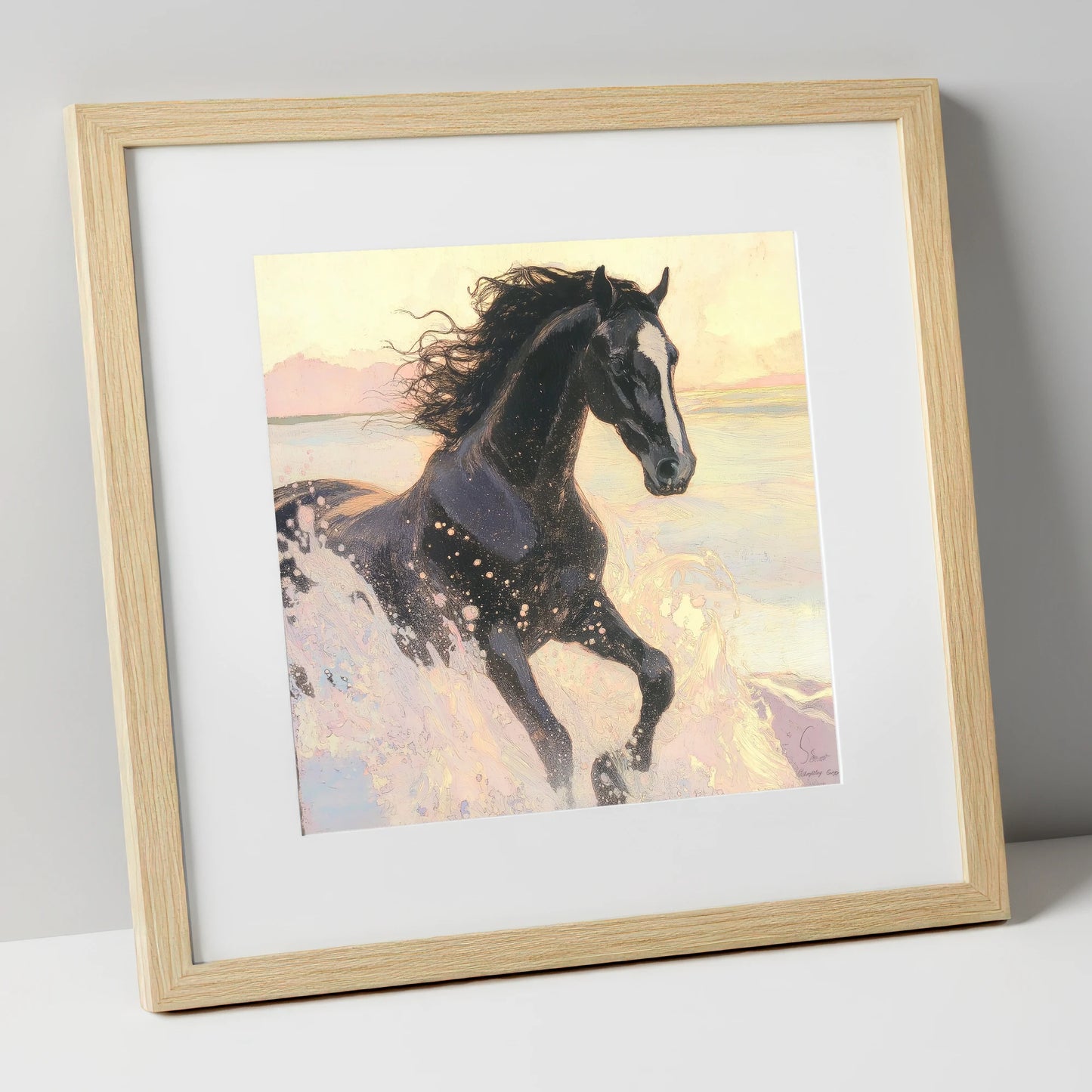 Ethereal Tide wild horses art print in natural frame