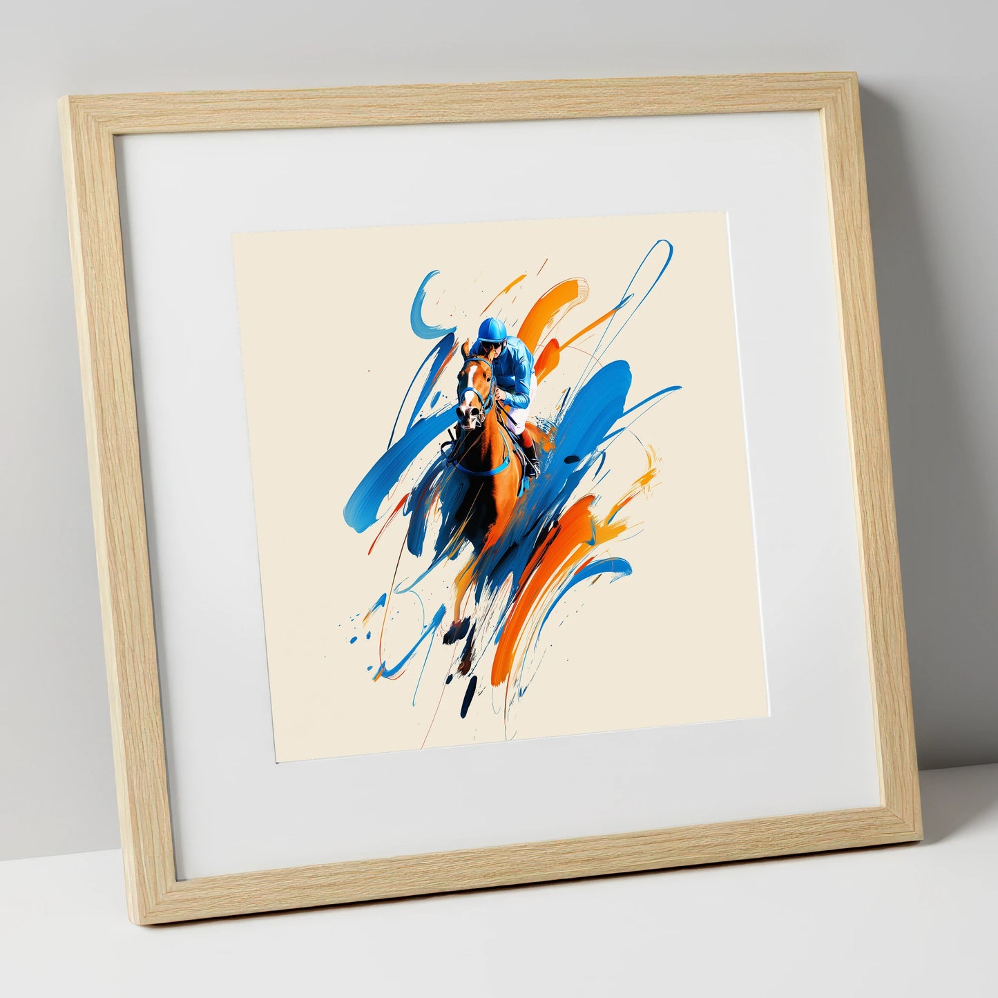 Sprint to the Wire racing horse art print in natural frame