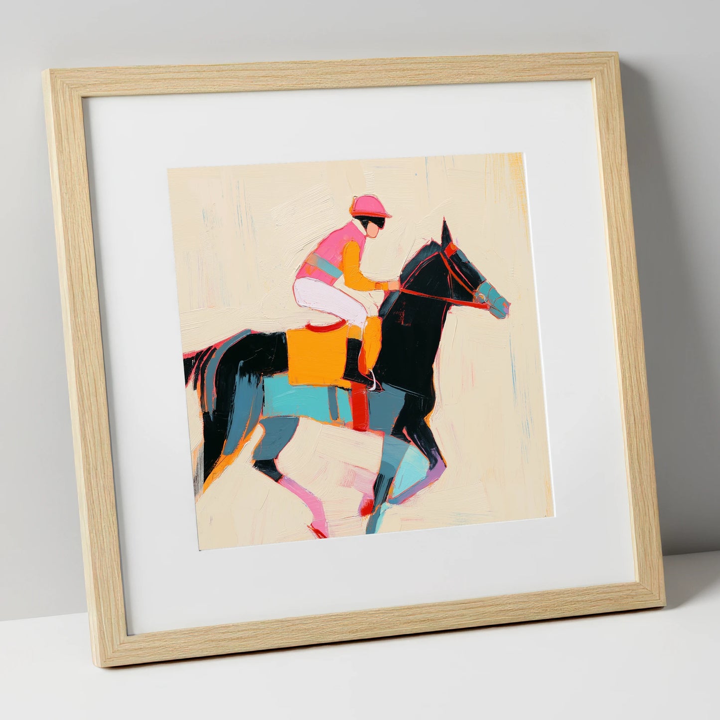 Vibrant Sprint racing horse art print in natural frame