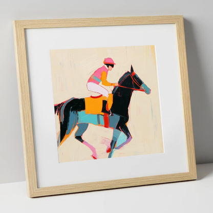 Vibrant Sprint racing horse art print in natural frame