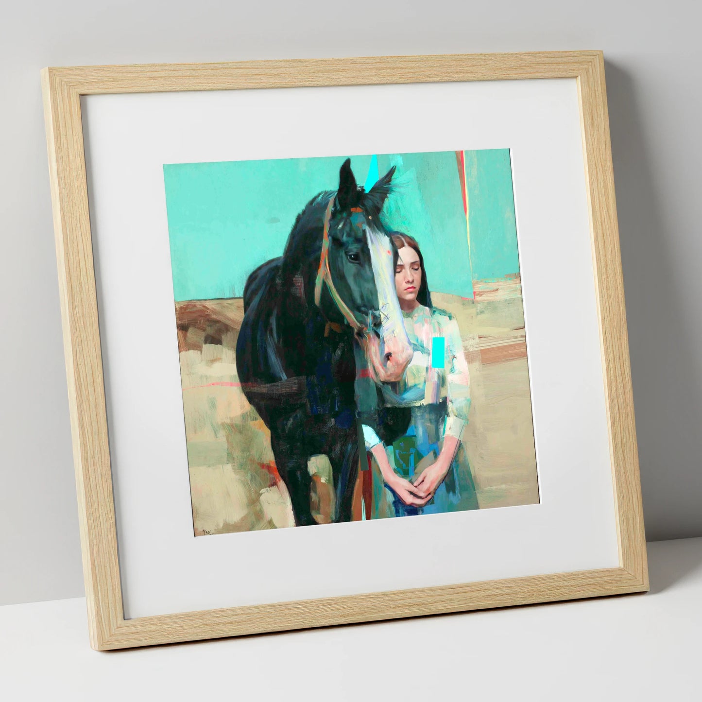 The Quiet Bond horse & rider art print in natural frame