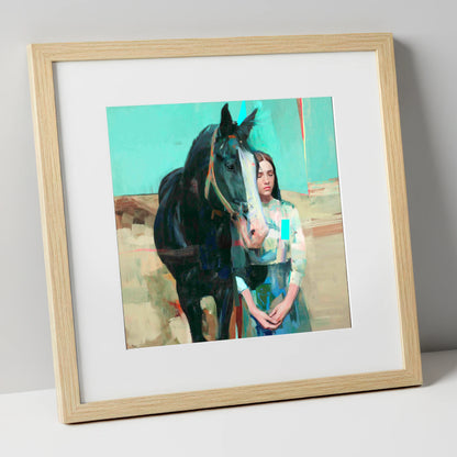 The Quiet Bond horse & rider art print in natural frame
