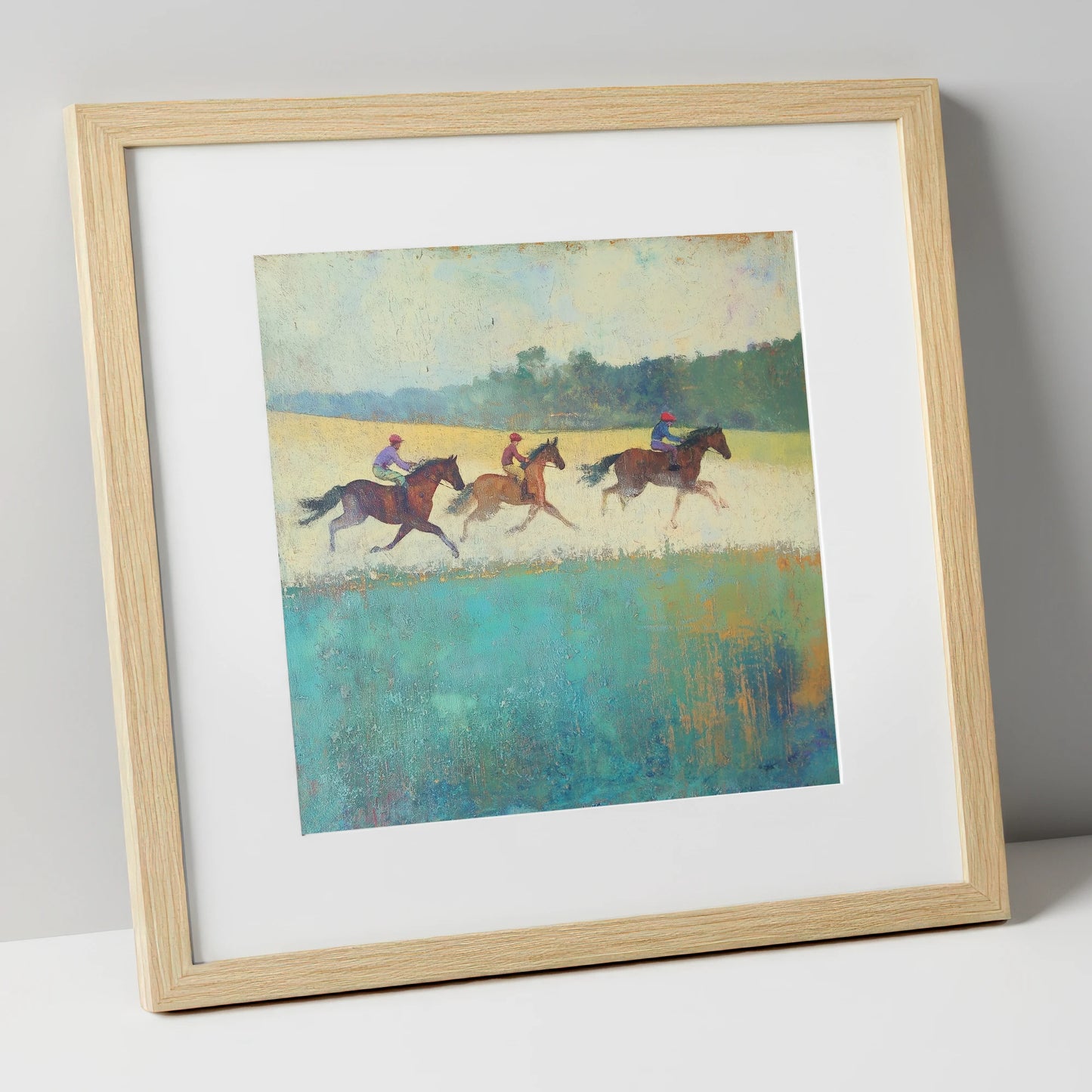 The Morning Gallop racing horse art print in natural frame