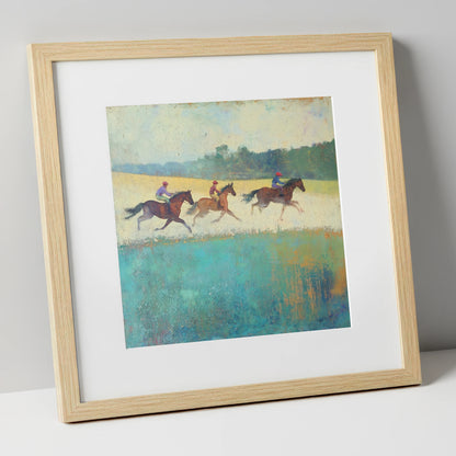 The Morning Gallop racing horse art print in natural frame