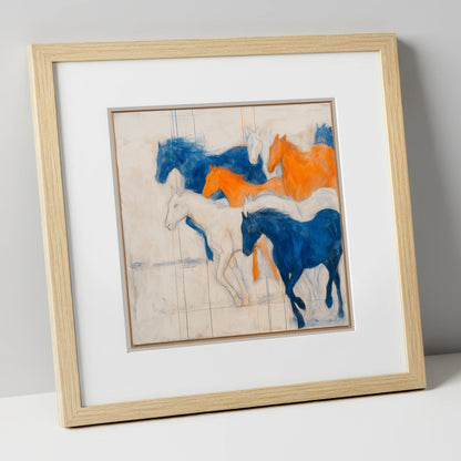 Bold Momentum racing horse art print in natural frame