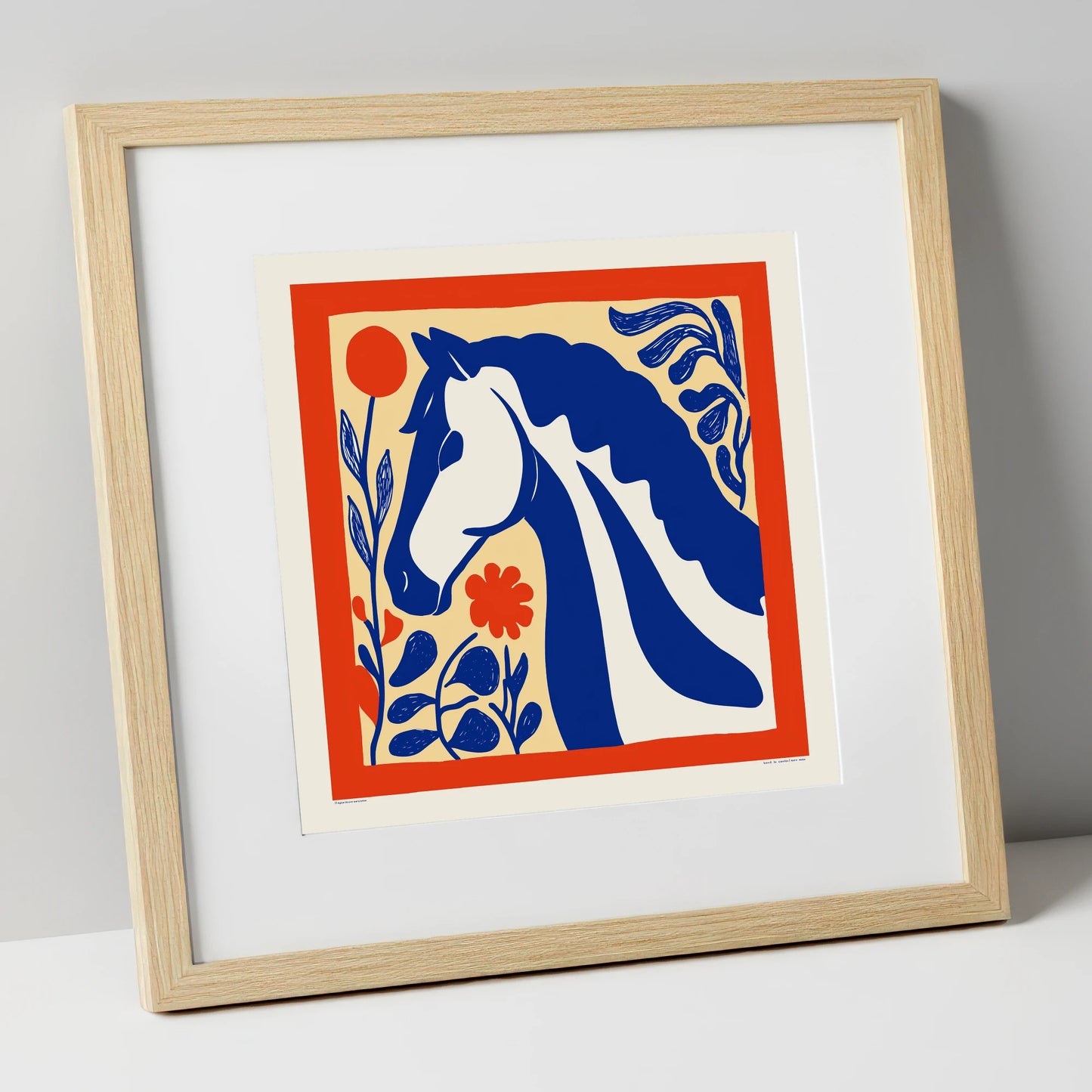 Cobalt Botanical Equine horse portrait art print in natural frame