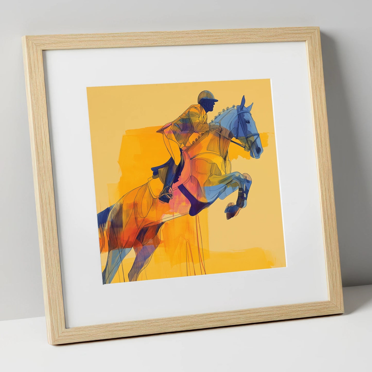 Vibrant Showjumping Flight show jumping horse art print in natural frame