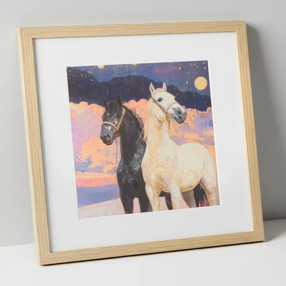 Midnight and Dawn horse landscape art print in natural frame