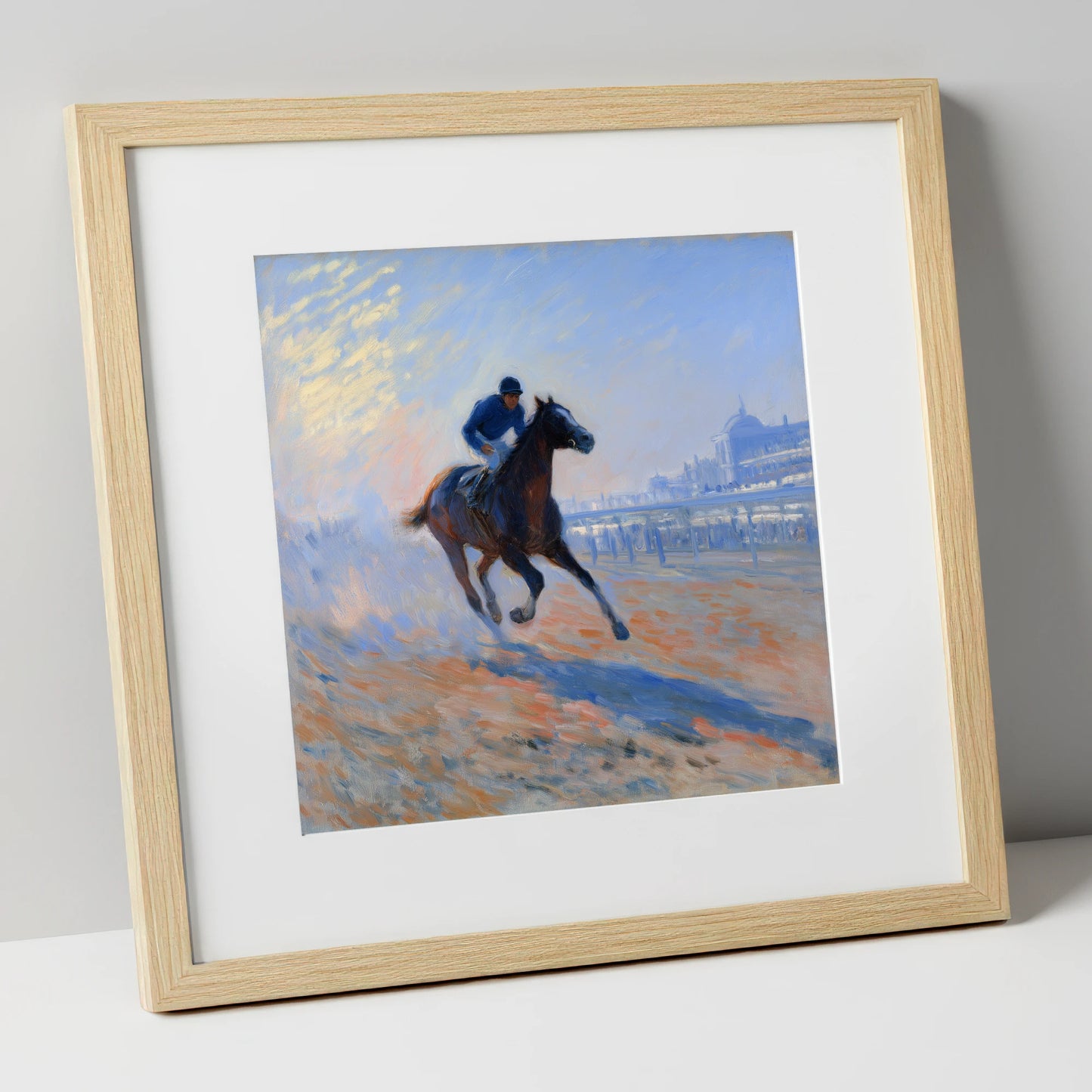 Luminous Morning Gallop racing horse art print in natural frame