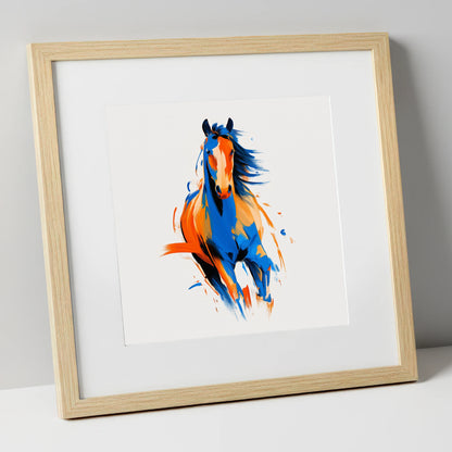 Vivid Cobalt Canter horse portrait art print in natural frame