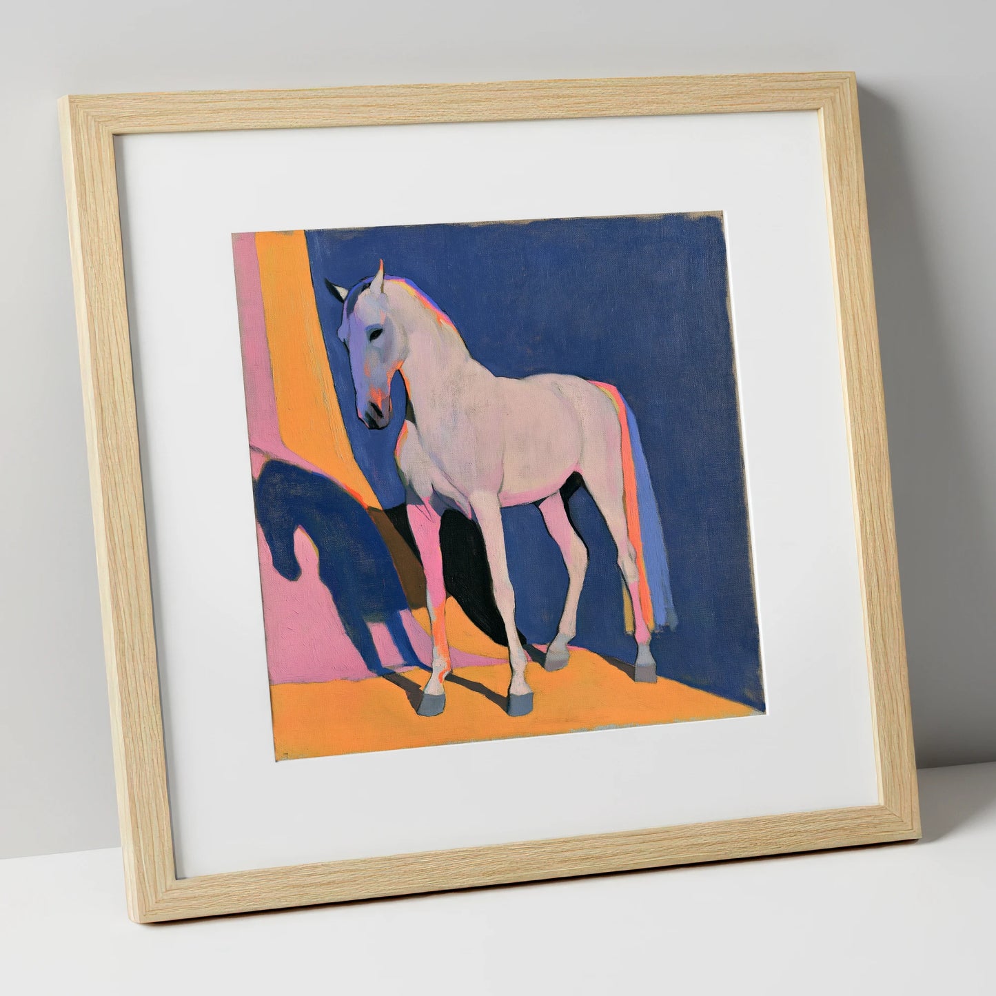 Colourful Grey Horse And Shadow horse breed art print in natural frame
