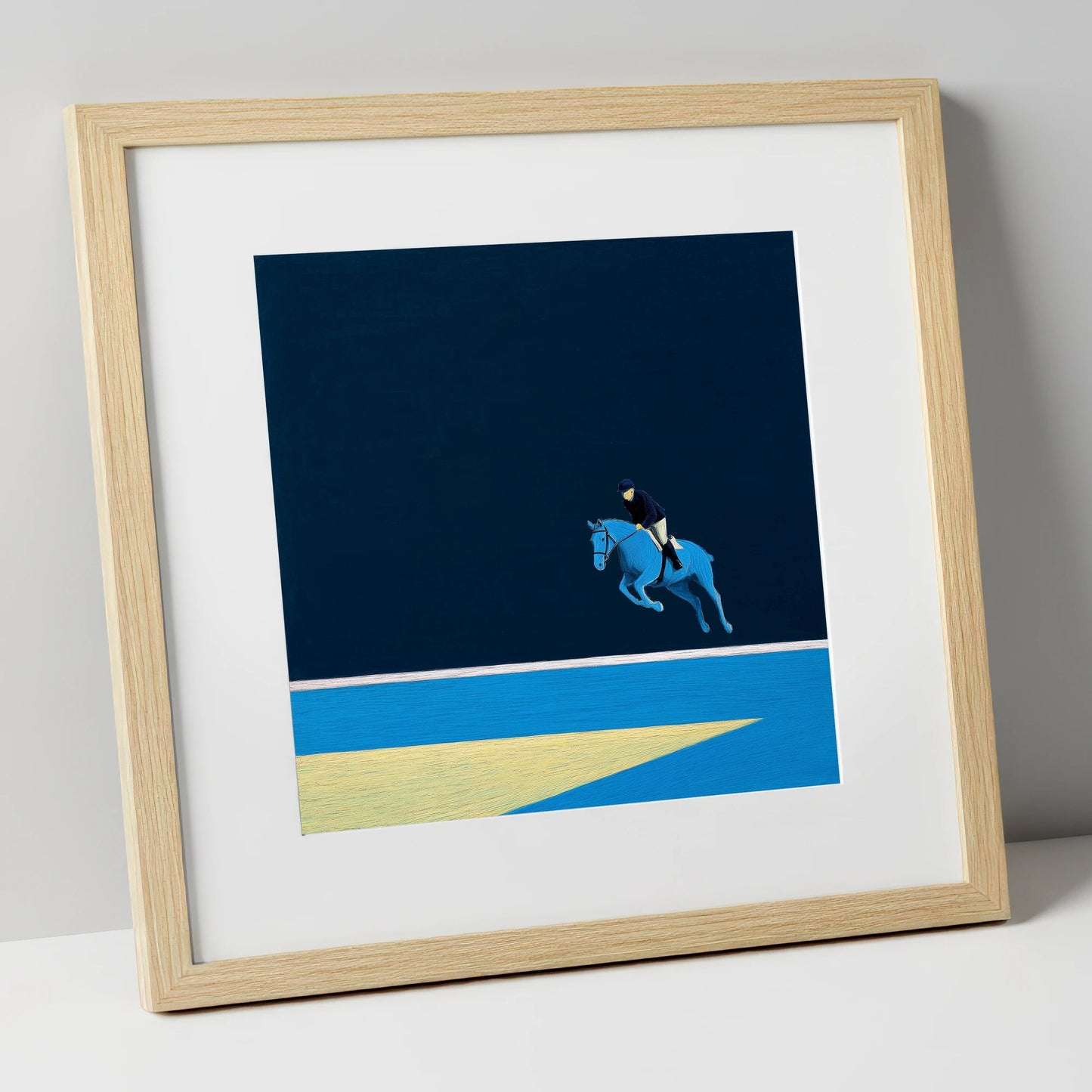 Midnight Blue Suspension show jumping horse art print in natural frame