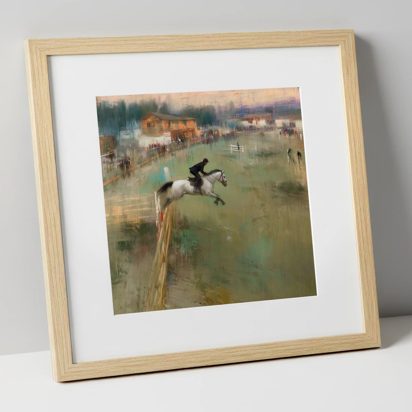 Clearing the Timber show jumping horse art print in natural frame