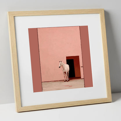 The Pink Courtyard horse stable art print in natural frame