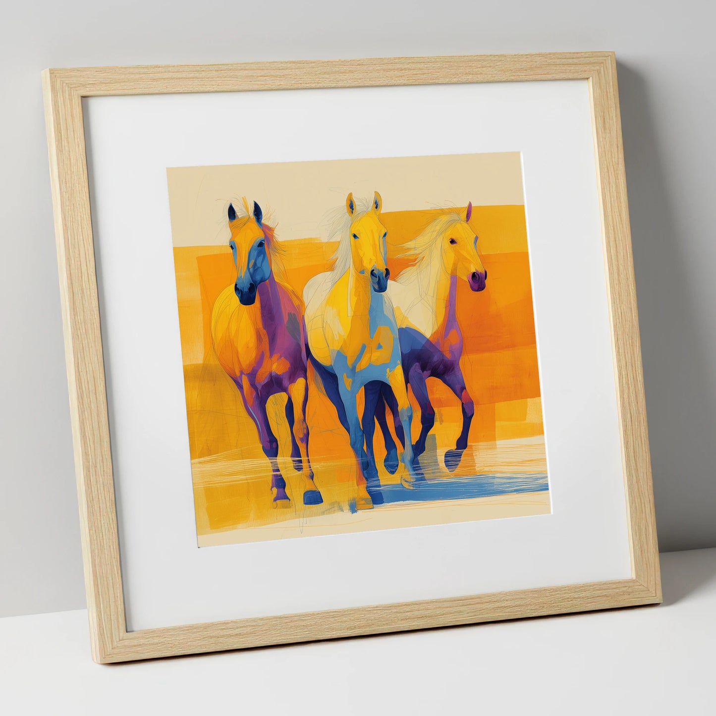 Three Vibrant Strides horse landscape art print in natural frame