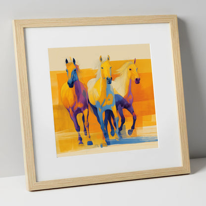 Three Vibrant Strides horse landscape art print in natural frame