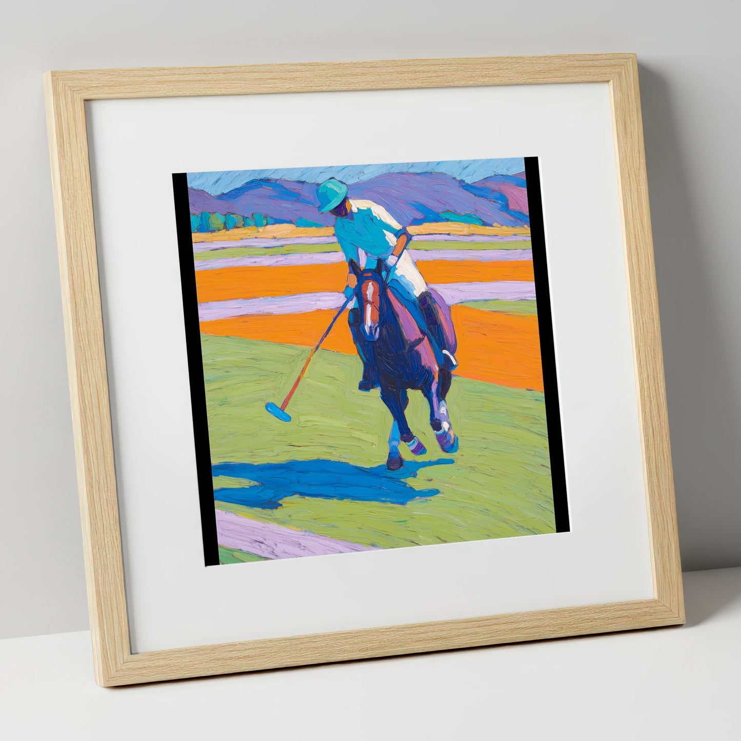 Vivid Chukka polo horse art print in natural frame
