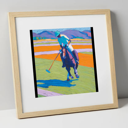 Vivid Chukka polo horse art print in natural frame