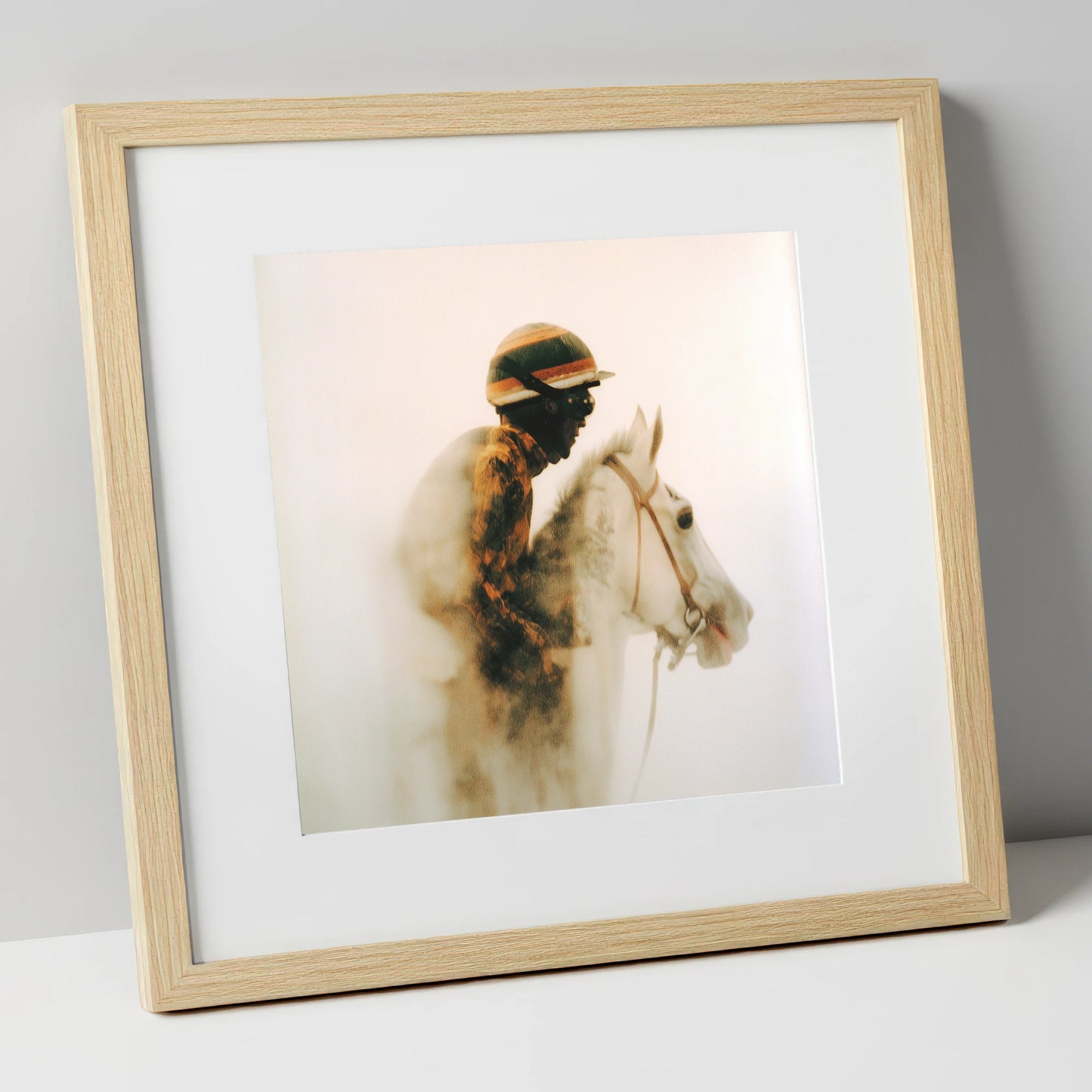 Echoes of the Track racing horse art print in natural frame