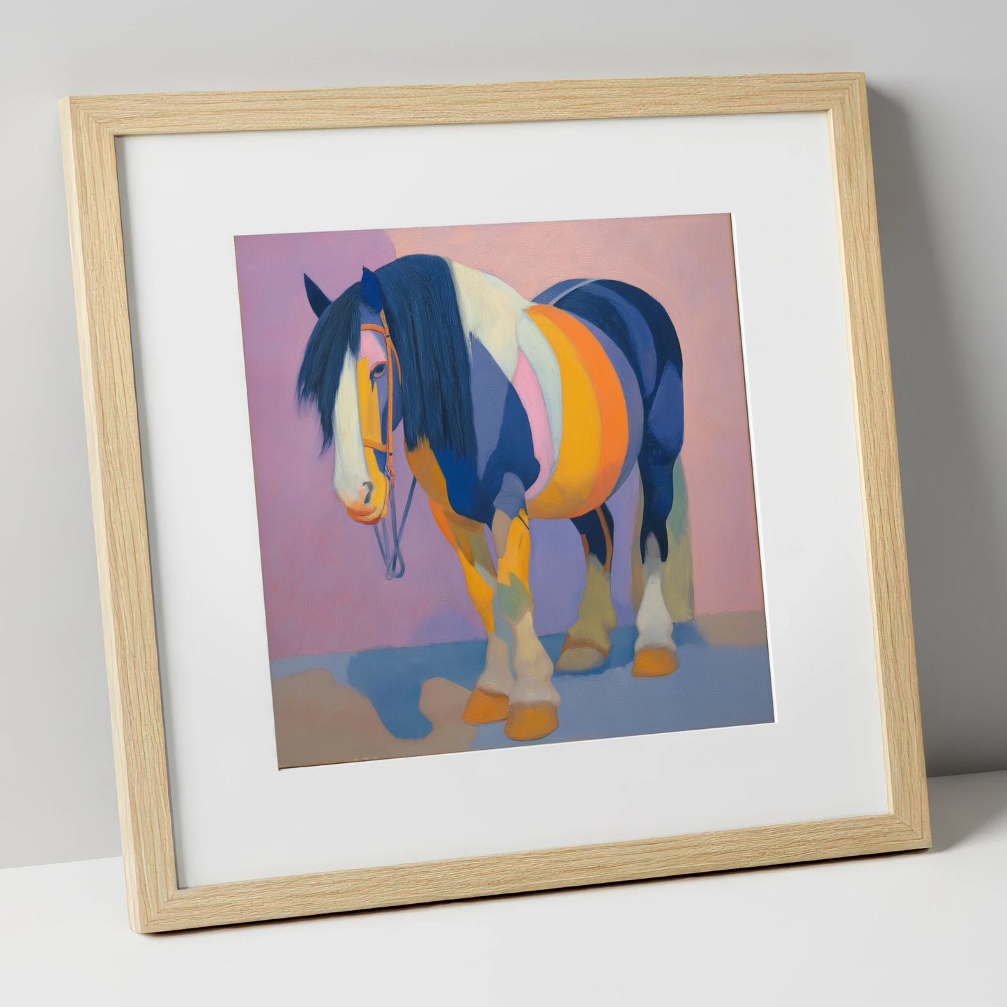 Vibrant Indigo Cob horse breed art print in natural frame