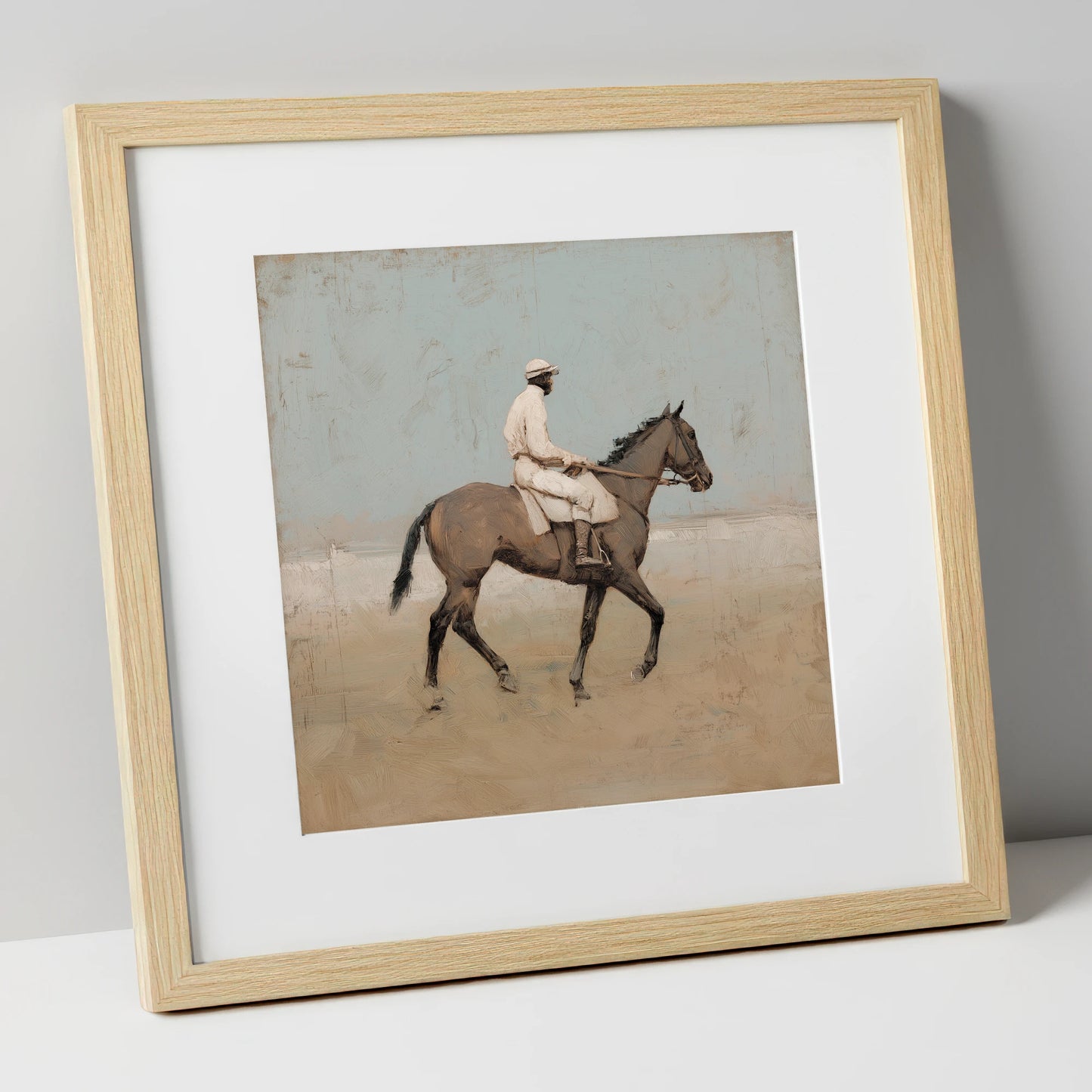 The White Silks racing horse art print in natural frame
