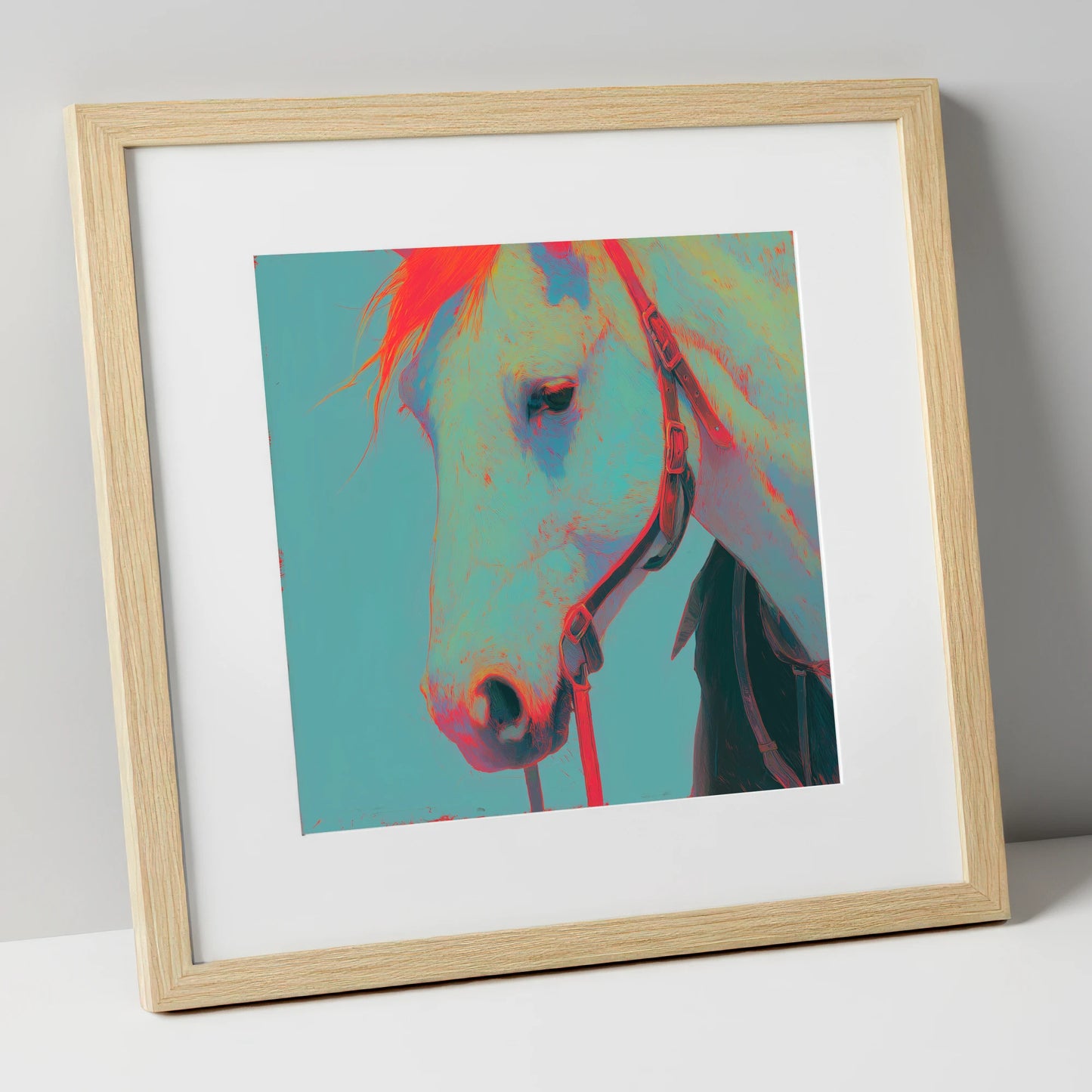 Electric Teal Profile horse portrait art print in natural frame