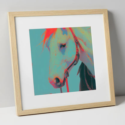 Electric Teal Profile horse portrait art print in natural frame