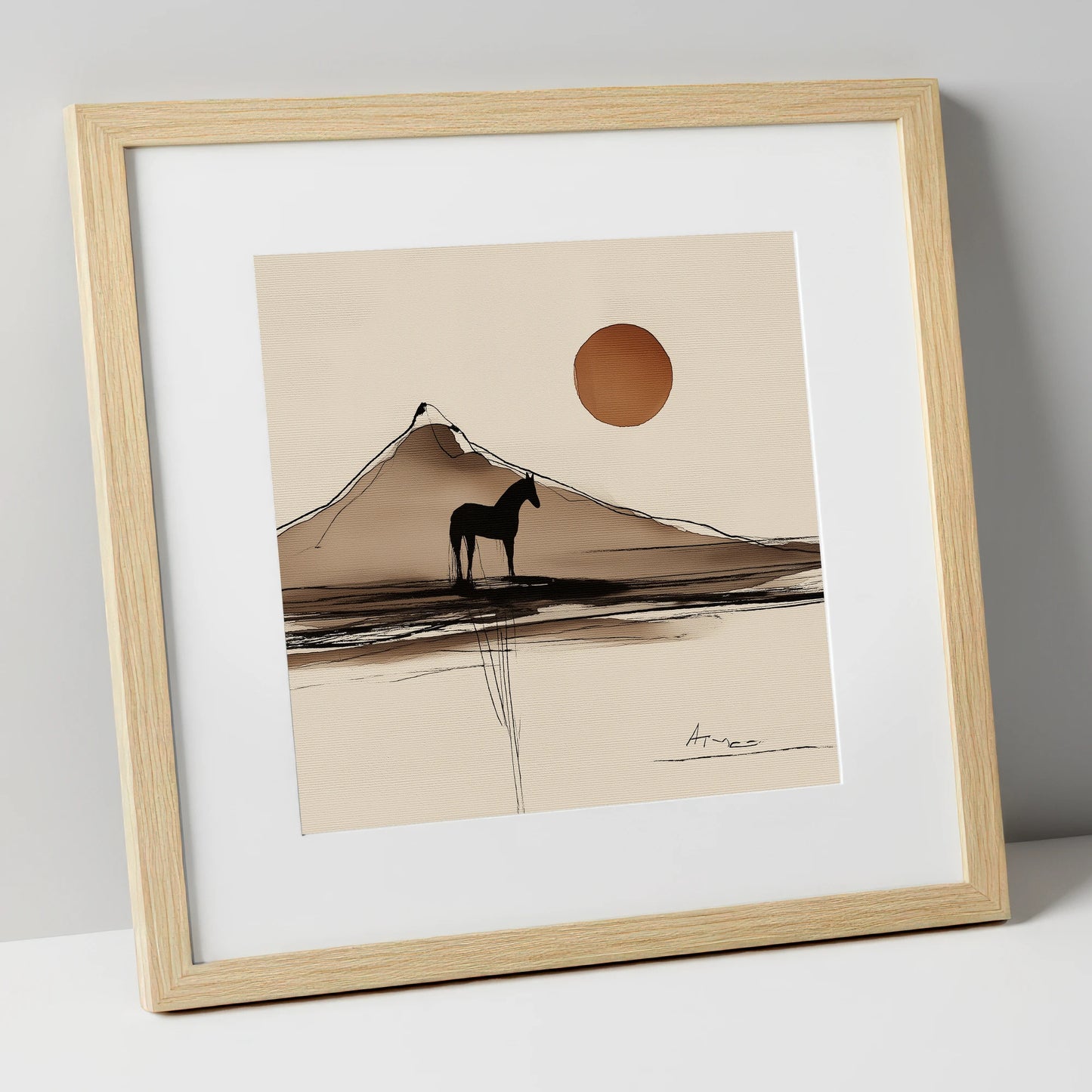 Sepia Mountain Silhouette horse landscape art print in natural frame