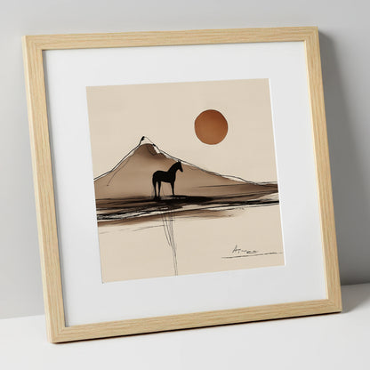 Sepia Mountain Silhouette horse landscape art print in natural frame