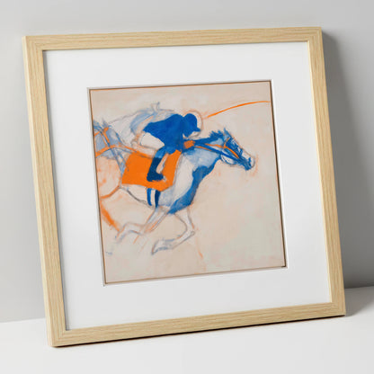 Gallop in Blue racing horse art print in natural frame