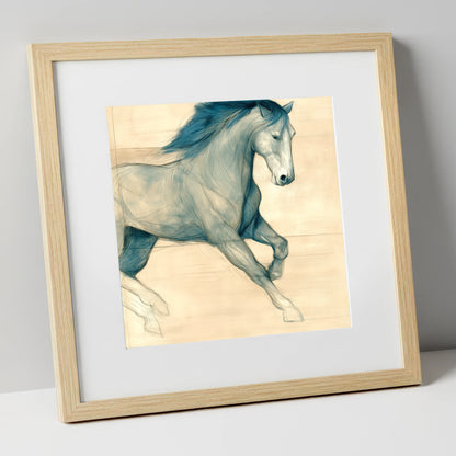 Teal Equine Study horse portrait art print in natural frame