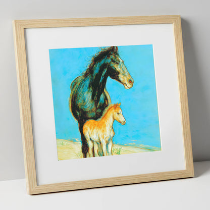 Cerulean Bond mare & foal art print in natural frame