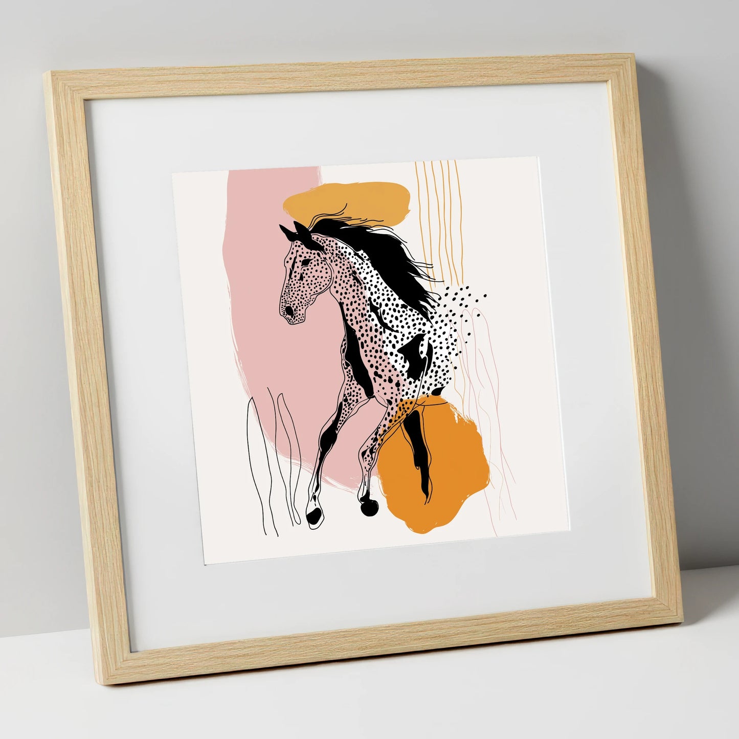 Contemporary Spotted Silhouette horse portrait art print in natural frame