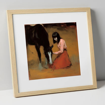 Quiet Communion horse & rider art print in natural frame