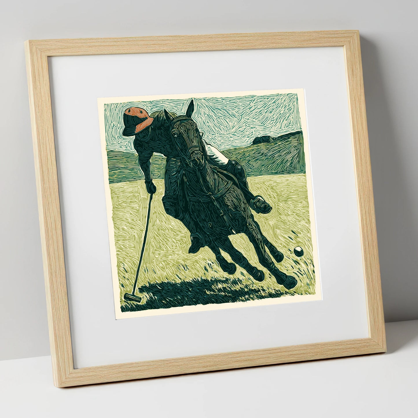 Dynamic Polo Strike polo horse art print in natural frame