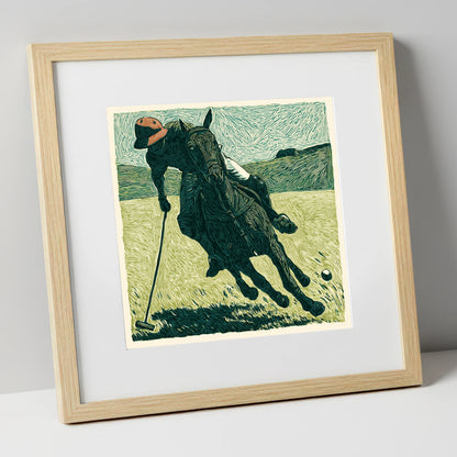 Dynamic Polo Strike polo horse art print in natural frame