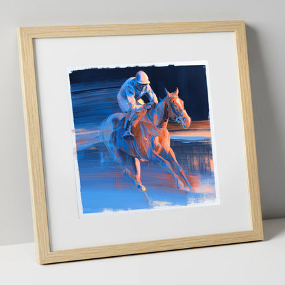 Twilight Stretch racing horse art print in natural frame