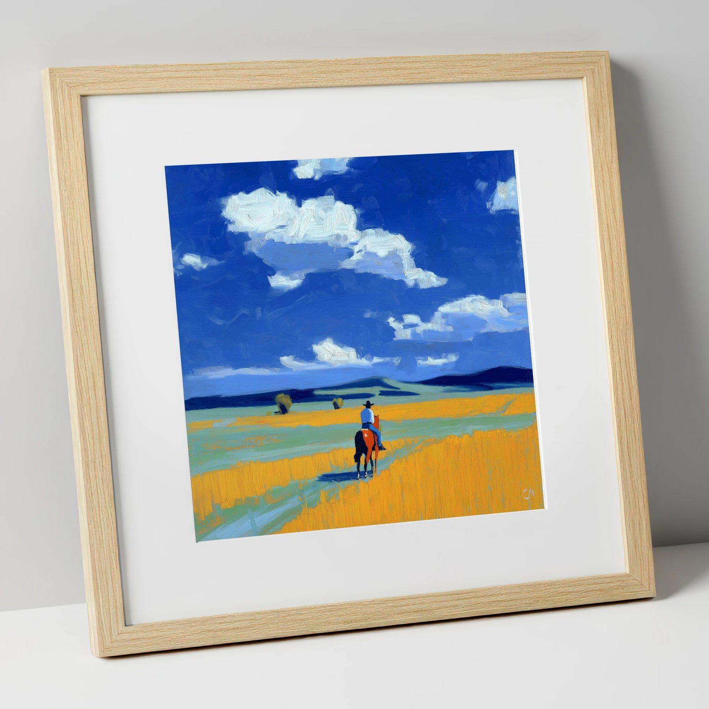 Riding the Big Sky western horse art print in natural frame