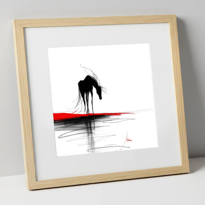 Crimson Horizon Silhouette horse portrait art print in natural frame